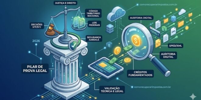 Balança da justiça integrada a dados digitais e documentos fiscais, representando a base legal e decisões do STF e STJ para recuperação de impostos.