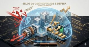 Infográfico isométrico de um Domo de Defesa Fiscal, mostrando uma empresa protegida por auditoria digital e suporte jurídico contra intimações e autos de infração, simbolizando segurança e conformidade.