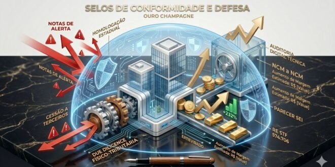 Infográfico isométrico de um Domo de Defesa Fiscal, mostrando uma empresa protegida por auditoria digital e suporte jurídico contra intimações e autos de infração, simbolizando segurança e conformidade.