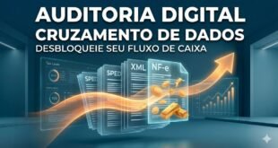 Gráfico de raio-X de digitalização em laranja e azul, revelando moedas e barras de ouro brotando de dados brutos de SPED e XML, simbolizando a Tese da Auditoria Digital para recuperação tributária.