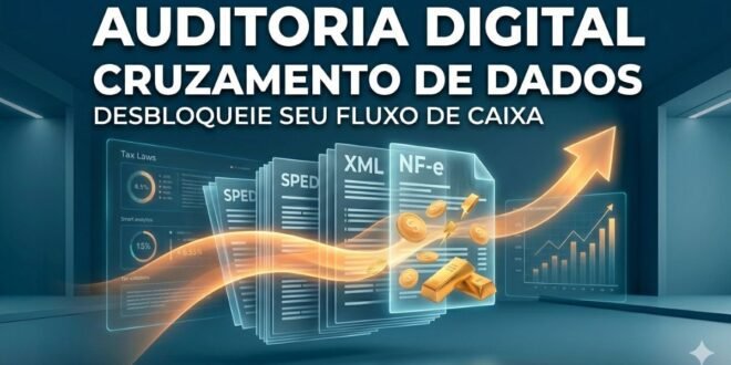 Gráfico de raio-X de digitalização em laranja e azul, revelando moedas e barras de ouro brotando de dados brutos de SPED e XML, simbolizando a Tese da Auditoria Digital para recuperação tributária.