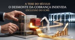 Gráfico cinematográfico e sofisticado em cinza titânio, vidro fumê e ouro champagne mostrando uma maquete arquitetônica sendo desmontada por um braço robótico de precisão para remover o ICMS indevido, revelando um fluxo de moedas de ouro e o prédio do STF ao fundo, simbolizando a Tese do Século para exclusão do ICMS da base do PIS/COFINS.