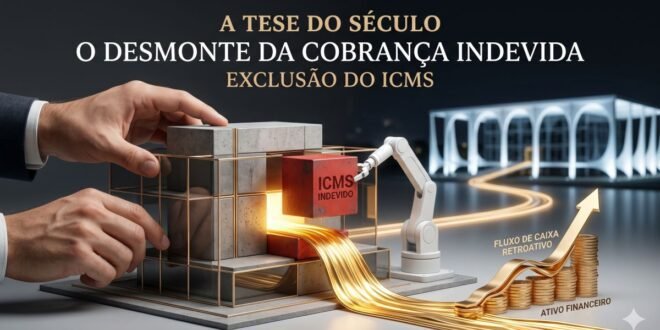 Gráfico cinematográfico e sofisticado em cinza titânio, vidro fumê e ouro champagne mostrando uma maquete arquitetônica sendo desmontada por um braço robótico de precisão para remover o ICMS indevido, revelando um fluxo de moedas de ouro e o prédio do STF ao fundo, simbolizando a Tese do Século para exclusão do ICMS da base do PIS/COFINS.