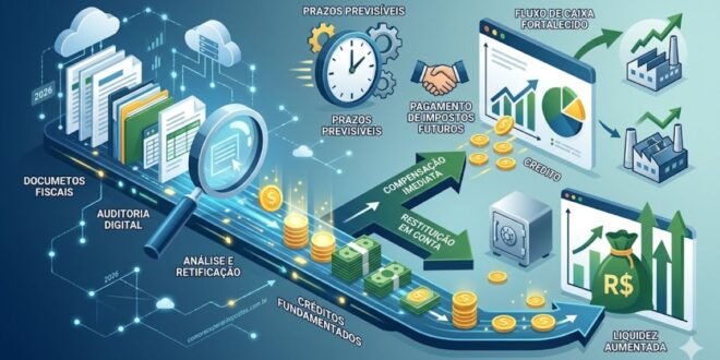 Infográfico mostrando o fluxo do dinheiro na recuperação tributária, desde a análise de documentos até o retorno do crédito para o caixa da empresa.
