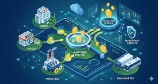 Infográfico corporativo mostrando o Mapa da Recuperação Tributária, dividindo empresas por setores como saúde, varejo, indústria e transportes, conectando à auditoria digital e resultado de caixa.