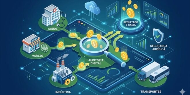 Infográfico corporativo mostrando o Mapa da Recuperação Tributária, dividindo empresas por setores como saúde, varejo, indústria e transportes, conectando à auditoria digital e resultado de caixa.