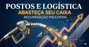 Gráfico sofisticado e moderno em azul cobalto, cinza chumbo e dourado neon, misturando fotografia de bico de bomba de combustível com moedas douradas emergindo e dados de NCM, simbolizando a Tese do PIS/COFINS Monofásico para recuperação tributária.