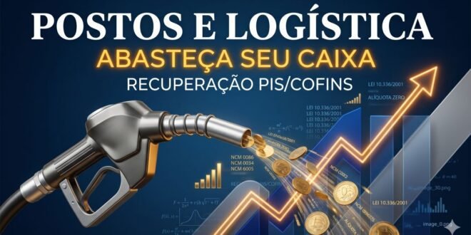 Gráfico sofisticado e moderno em azul cobalto, cinza chumbo e dourado neon, misturando fotografia de bico de bomba de combustível com moedas douradas emergindo e dados de NCM, simbolizando a Tese do PIS/COFINS Monofásico para recuperação tributária.