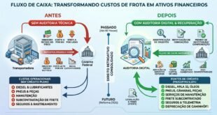 Infográfico demonstrando o fluxo de recuperação de créditos de PIS e COFINS sobre diesel, pneus, manutenção e subcontratação para transportadoras.