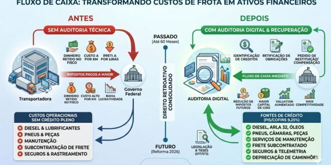 Infográfico demonstrando o fluxo de recuperação de créditos de PIS e COFINS sobre diesel, pneus, manutenção e subcontratação para transportadoras.