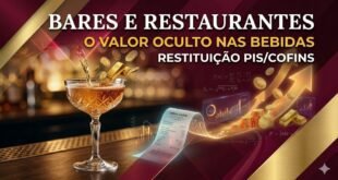 Gráfico sofisticado e moderno em vermelho borgonha profundo e ouro velho, misturando fotografia de taça de cristal com bebida efervescente e moedas douradas emergindo, simbolizando a Tese do PIS/COFINS Monofásico para recuperação tributária.