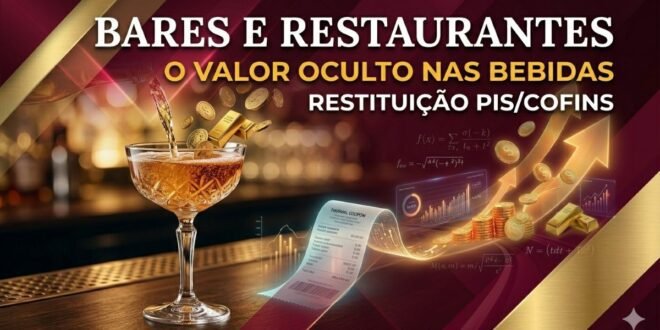 Gráfico sofisticado e moderno em vermelho borgonha profundo e ouro velho, misturando fotografia de taça de cristal com bebida efervescente e moedas douradas emergindo, simbolizando a Tese do PIS/COFINS Monofásico para recuperação tributária.