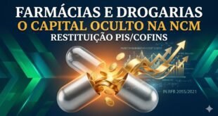 Gráfico sofisticado e moderno em cinza platina, branco neve e ouro escovado, misturando fotografia de cápsula de medicamento transparente com fios dourados emergindo e dados de NCM, simbolizando a Tese do PIS/COFINS Monofásico para recuperação tributária.