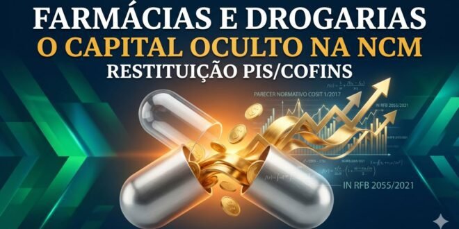 Gráfico sofisticado e moderno em cinza platina, branco neve e ouro escovado, misturando fotografia de cápsula de medicamento transparente com fios dourados emergindo e dados de NCM, simbolizando a Tese do PIS/COFINS Monofásico para recuperação tributária.