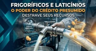 Gráfico cinematográfico e industrial de bocal cromado descarregando leite, com fluxo de moedas douradas e base legal Lei 10.925/2004, simbolizando a Tese do Crédito Presumido para frigoríficos e laticínios.