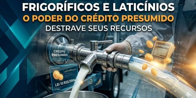 Gráfico cinematográfico e industrial de bocal cromado descarregando leite, com fluxo de moedas douradas e base legal Lei 10.925/2004, simbolizando a Tese do Crédito Presumido para frigoríficos e laticínios.