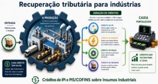 Infográfico demonstrando o ciclo de recuperação de créditos de IPI, PIS e COFINS sobre insumos, energia elétrica e manutenção para o setor industrial.