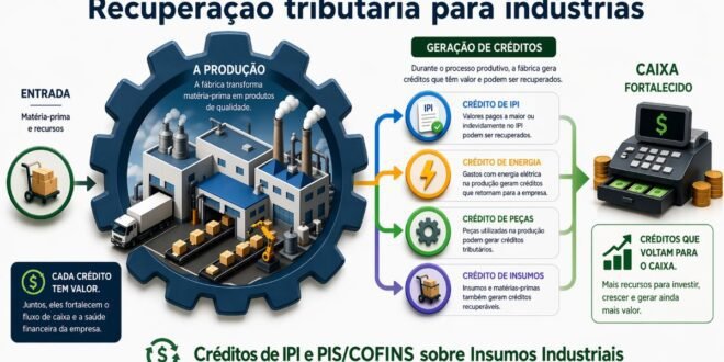 Infográfico demonstrando o ciclo de recuperação de créditos de IPI, PIS e COFINS sobre insumos, energia elétrica e manutenção para o setor industrial.
