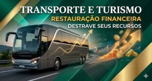Gráfico sofisticado e moderno em verde esmeralda e dourado, misturando fotografia de ônibus moderna com sobreposição de camadas geométricas e gráficos de crescimento, simbolizando a Tese do Transporte e Turismo para recuperação tributária.