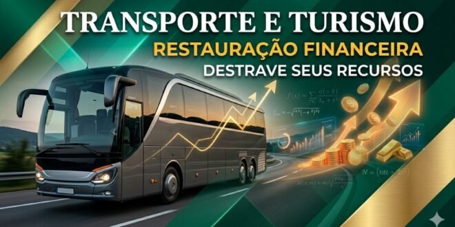 Gráfico sofisticado e moderno em verde esmeralda e dourado, misturando fotografia de ônibus moderna com sobreposição de camadas geométricas e gráficos de crescimento, simbolizando a Tese do Transporte e Turismo para recuperação tributária.