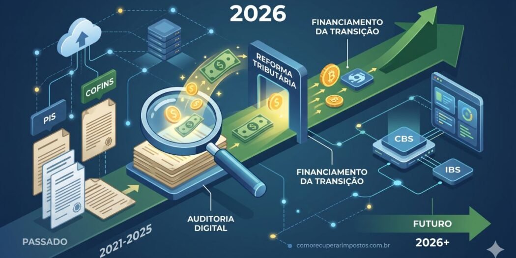 Infográfico mostrando a transição da Reforma Tributária 2026 e a recuperação de créditos de PIS e COFINS.