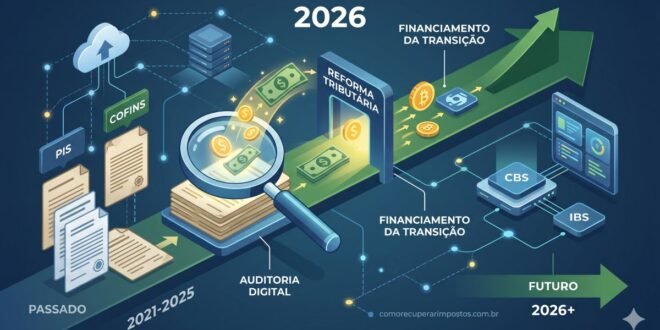 Infográfico mostrando a transição da Reforma Tributária 2026 e a recuperação de créditos de PIS e COFINS.