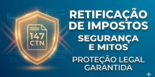 Gráfico de escudo tecnológico e moderno em laranja e azul, repelindo o 'perigo', simbolizando a Segurança Jurídica na Retificação de Impostos para proteção fiscal.