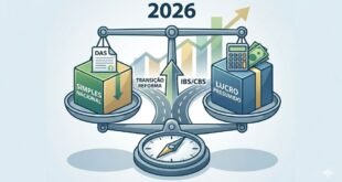 Gráfico sofisticado em cinza grafite e verde esmeralda mostrando uma balança de precisão em prata acetinado comparando o Simples Nacional e o Lucro Presumido, simbolizando o planejamento tributário para 2026.