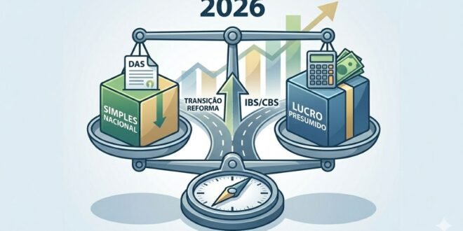 Gráfico sofisticado em cinza grafite e verde esmeralda mostrando uma balança de precisão em prata acetinado comparando o Simples Nacional e o Lucro Presumido, simbolizando o planejamento tributário para 2026.