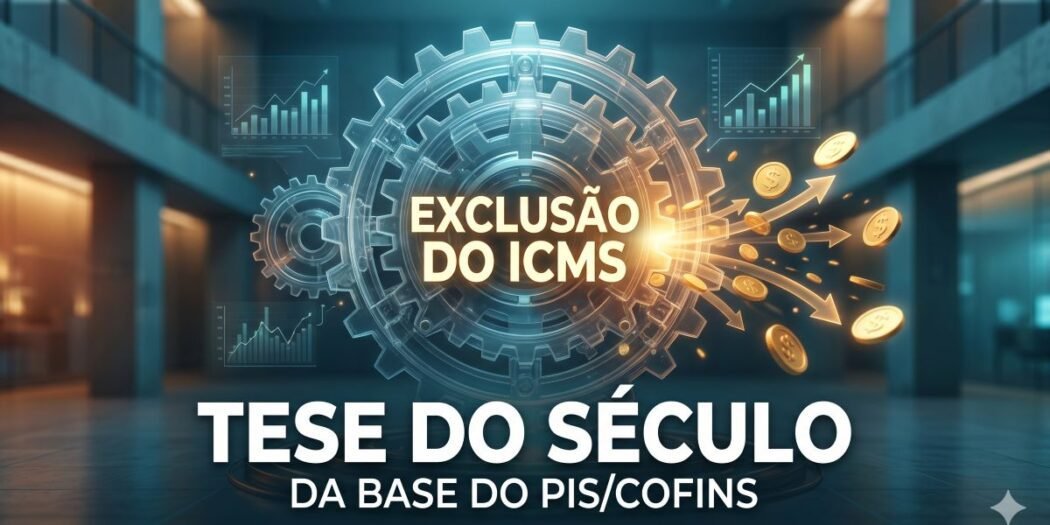 Tese do Século: Infográfico futurista de engrenagens destravando e liberando moedas de ouro, simbolizando a Tese do Século: Exclusão do ICMS da base do PIS e da COFINS.