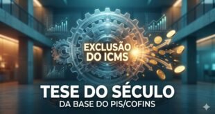 Tese do Século: Infográfico futurista de engrenagens destravando e liberando moedas de ouro, simbolizando a Tese do Século: Exclusão do ICMS da base do PIS e da COFINS.