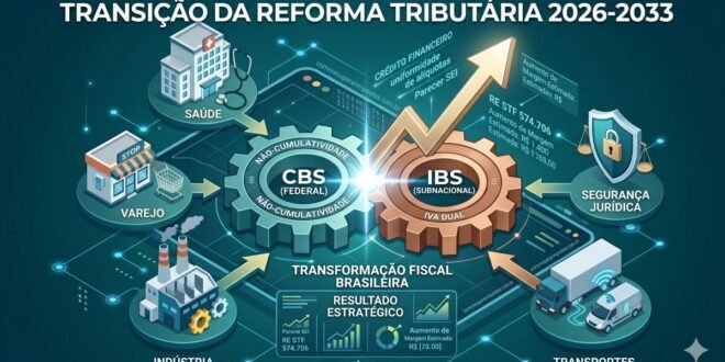 Infográfico isométrico 3D em tons de azul e ouro champagne mostrando as engrenagens da Reforma Tributária 2026-2033: CBS Federal e IBS Subnacional conectando os setores de Indústria, Varejo, Saúde e Transportes sob uma Estratégia Fiscal de Resultado.